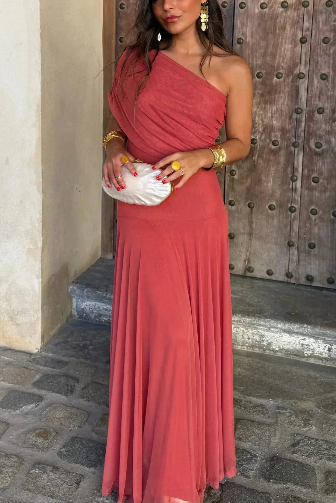 Séraphine - Robe Invitée Mariage Femme Élégante à une Épaule avec Drapé Fluide et Coupe Maxi