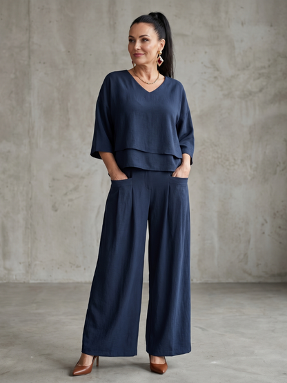 Sophie - Ensemble en Lin 2 Pièces Femme Élégant Top Superposé Col V et Pantalon Large Habillé