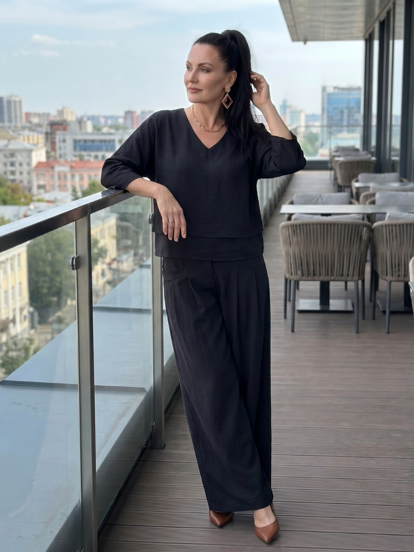 Sophie - Ensemble en Lin 2 Pièces Femme Élégant Top Superposé Col V et Pantalon Large Habillé