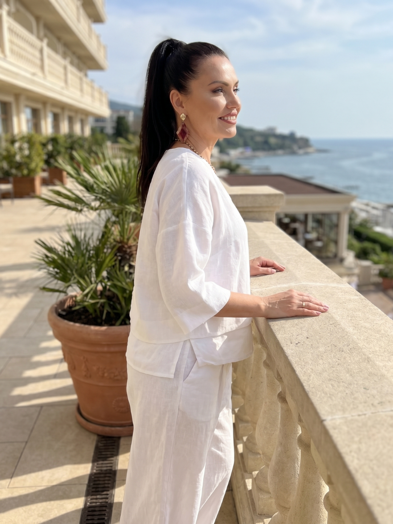 Sophie - Ensemble en Lin 2 Pièces Femme Élégant Top Superposé Col V et Pantalon Large Habillé