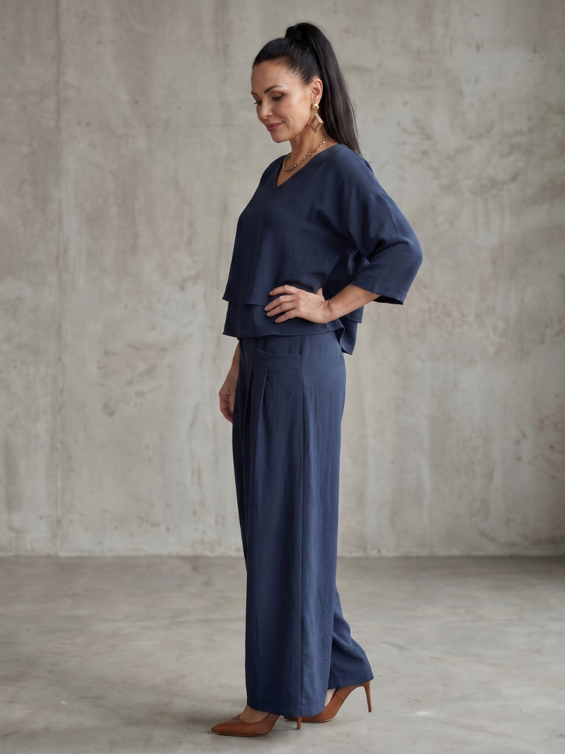 Sophie - Ensemble en Lin 2 Pièces Femme Élégant Top Superposé Col V et Pantalon Large Habillé