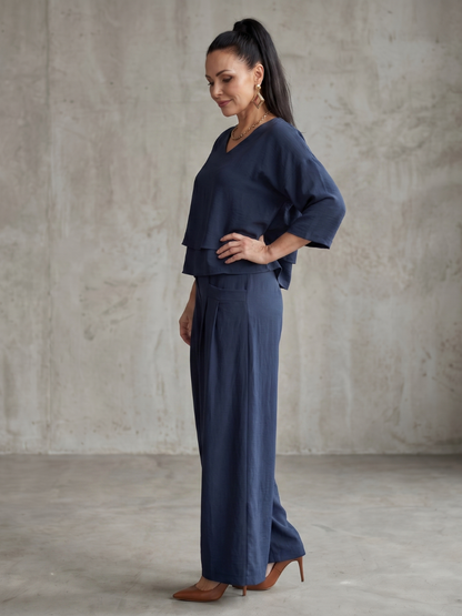 Sophie - Ensemble en Lin 2 Pièces Femme Élégant Top Superposé Col V et Pantalon Large Habillé