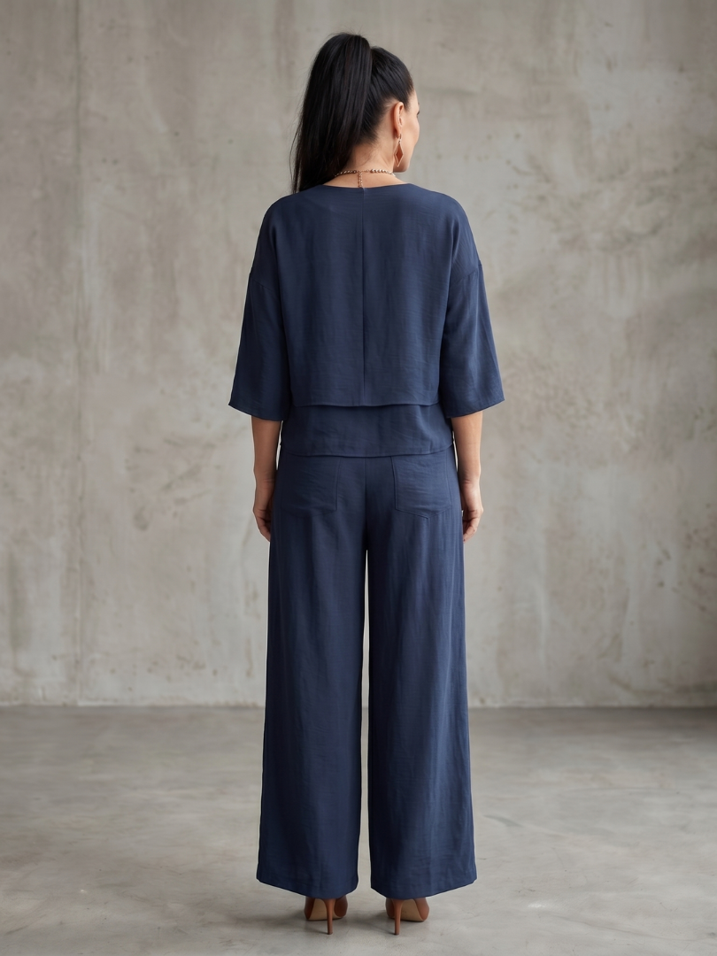 Sophie - Ensemble en Lin 2 Pièces Femme Élégant Top Superposé Col V et Pantalon Large Habillé