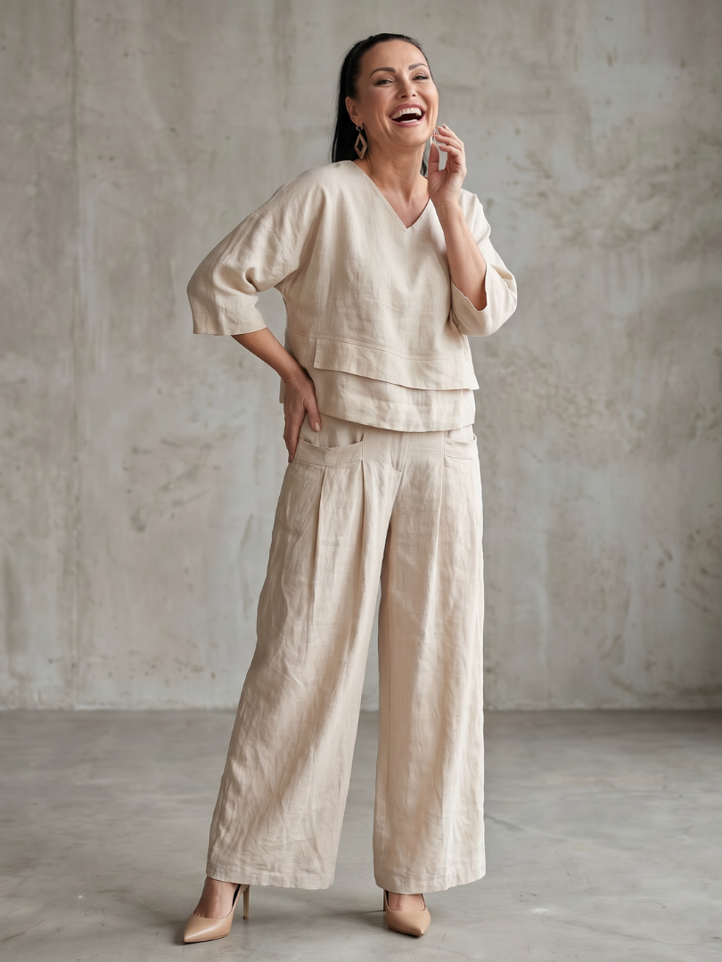 Sophie - Ensemble en Lin 2 Pièces Femme Élégant Top Superposé Col V et Pantalon Large Habillé