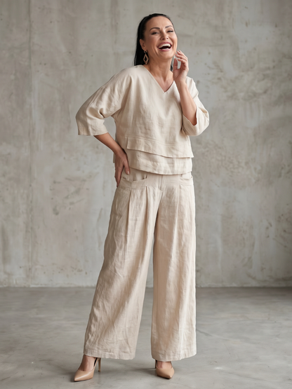 Sophie - Ensemble en Lin 2 Pièces Femme Élégant Top Superposé Col V et Pantalon Large Habillé