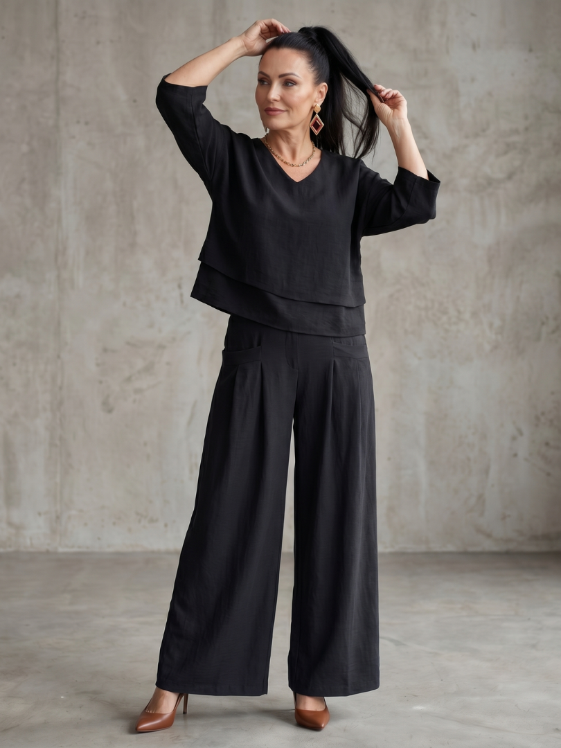 Sophie - Ensemble en Lin 2 Pièces Femme Élégant Top Superposé Col V et Pantalon Large Habillé