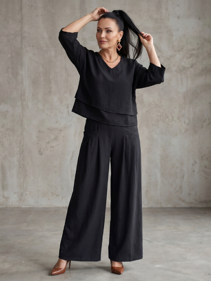 Sophie - Ensemble en Lin 2 Pièces Femme Élégant Top Superposé Col V et Pantalon Large Habillé