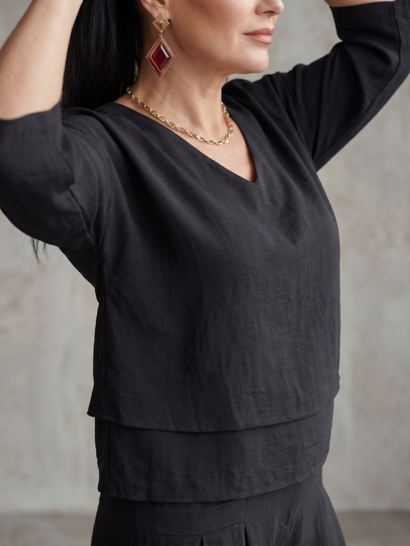 Sophie - Ensemble en Lin 2 Pièces Femme Élégant Top Superposé Col V et Pantalon Large Habillé