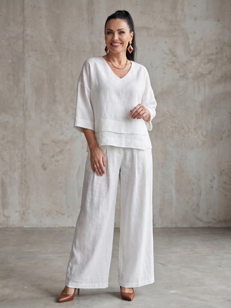 Sophie - Ensemble en Lin 2 Pièces Femme Élégant Top Superposé Col V et Pantalon Large Habillé