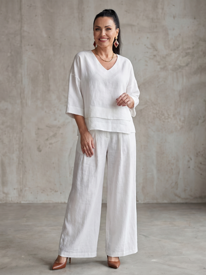 Sophie - Ensemble en Lin 2 Pièces Femme Élégant Top Superposé Col V et Pantalon Large Habillé