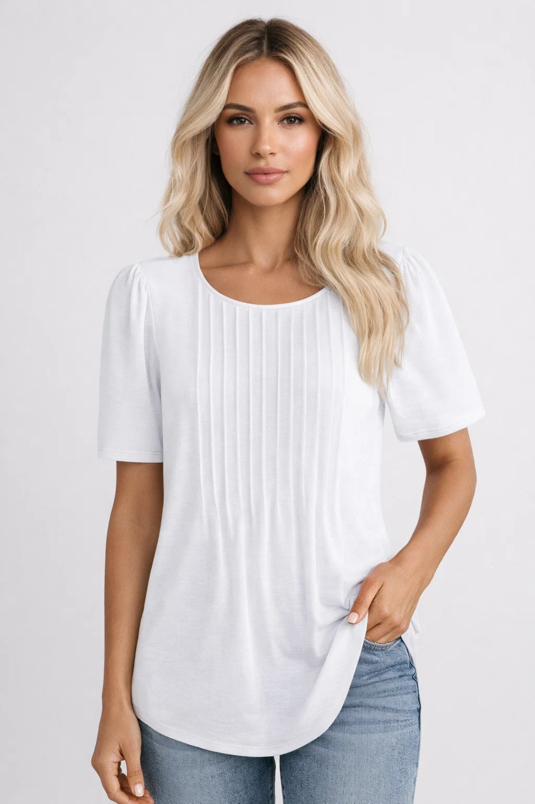 Top Femme - Manches Courtes Col Rond Détail Plissé | Casual