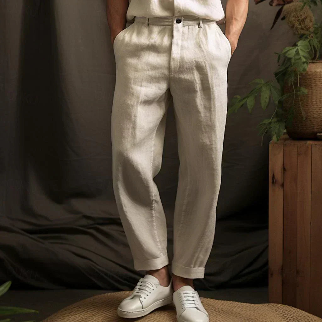 Théo - Pantalon en Lin Homme Décontracté avec Coupe Ample et Revers aux Chevilles
