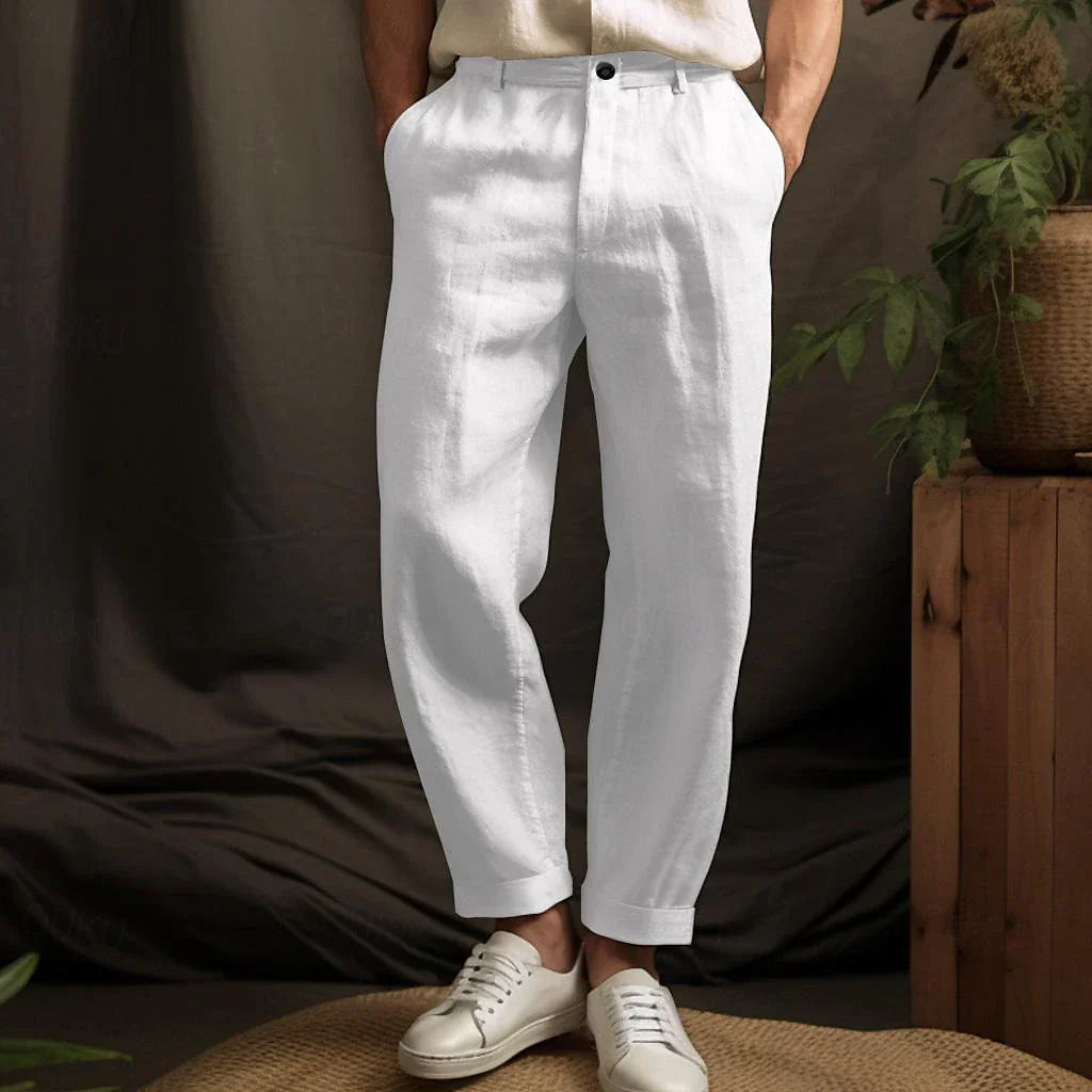 Théo - Pantalon en Lin Homme Décontracté avec Coupe Ample et Revers aux Chevilles