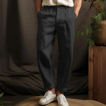 Théo - Pantalon en Lin Homme Décontracté avec Coupe Ample et Revers aux Chevilles