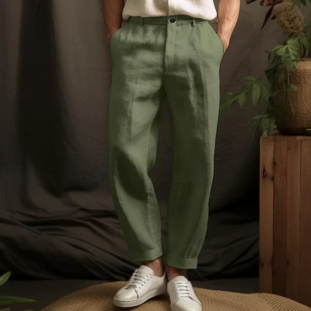 Théo - Pantalon en Lin Homme Décontracté avec Coupe Ample et Revers aux Chevilles