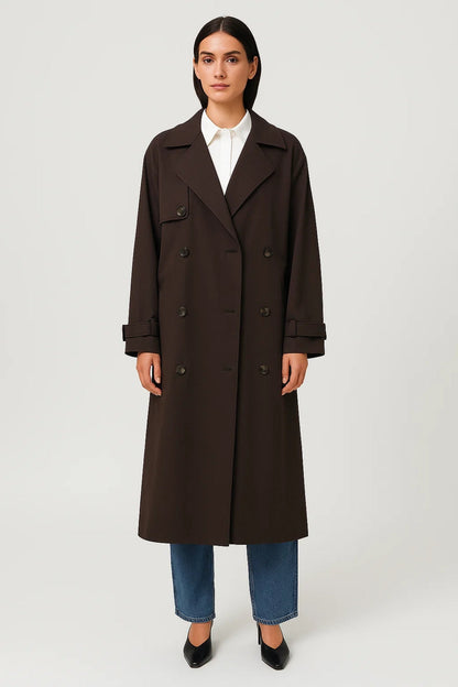 Trench Long Croisé Femme | Tissu Technique Marron Foncé | Élégant et Imperméable