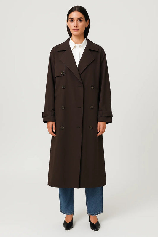 Trench Long Croisé Femme | Tissu Technique Marron Foncé | Élégant et Imperméable