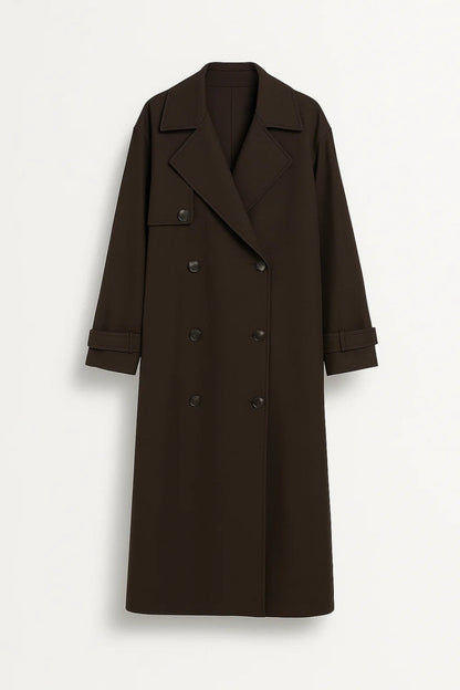 Trench Long Croisé Femme | Tissu Technique Marron Foncé | Élégant et Imperméable