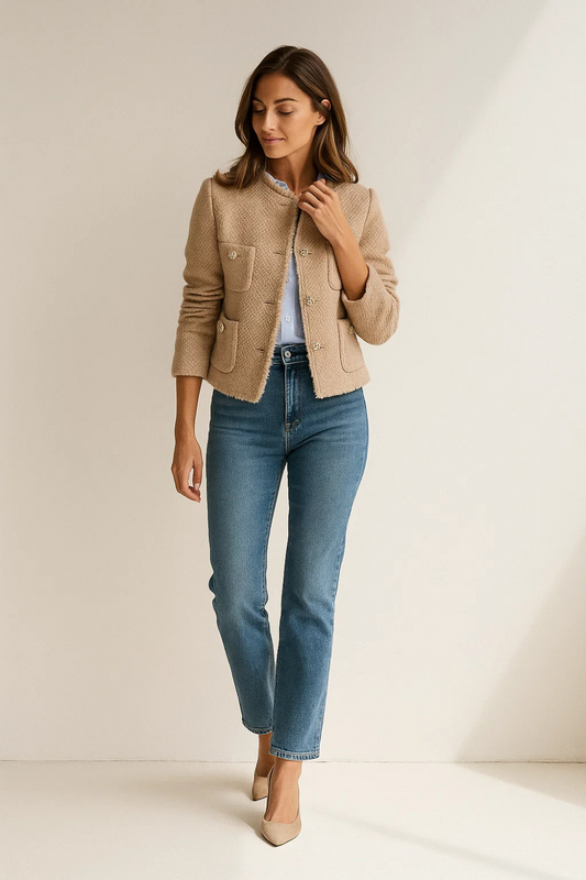 Veste Femme Structurée | Boutons Dorés | Tissu Texturé Chic