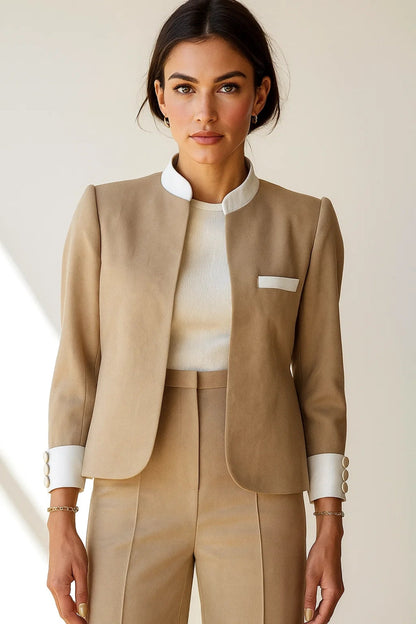 Veste Blazer Femme | Élégante et Structurée | Beige à Détails Blancs