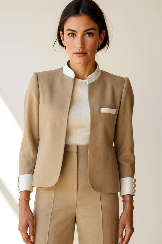 Veste Blazer Femme | Élégante et Structurée | Beige à Détails Blancs