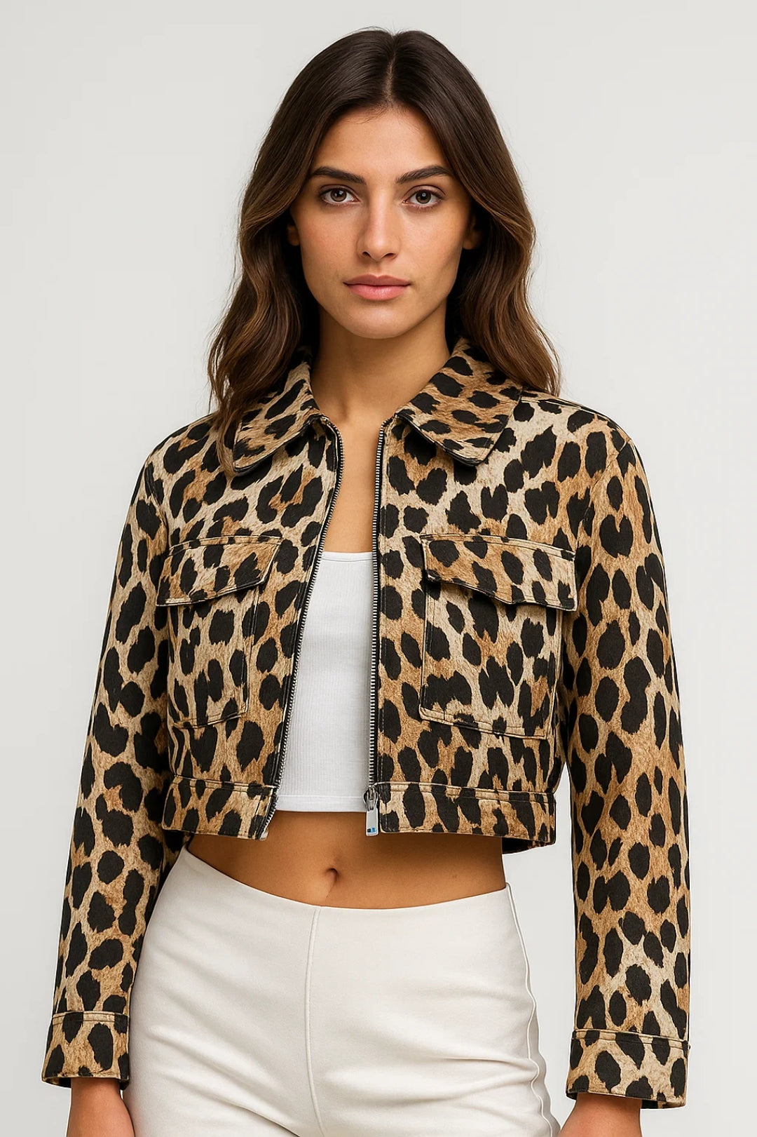 Veste Courte Animalier Femme | Zip Frontale & Poches Appliquées | Audacieuse & Stylée