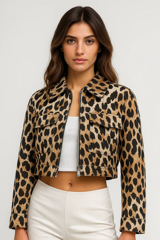 Veste Courte Animalier Femme | Zip Frontale & Poches Appliquées | Audacieuse & Stylée