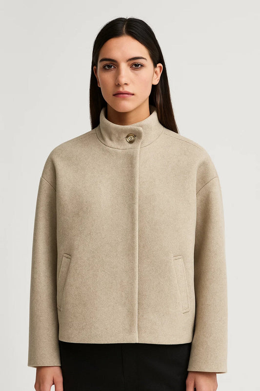 Veste Courte Femme | Laine Mélangée Col Haut | Beige Sable ou Gris Anthracite
