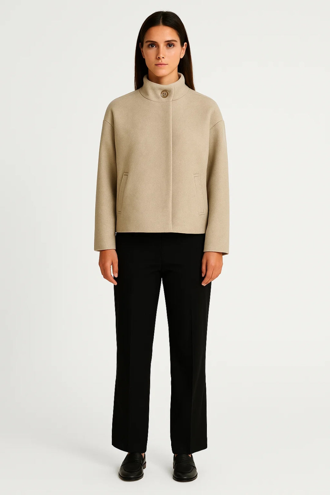 Veste Courte Femme | Laine Mélangée Col Haut | Beige Sable ou Gris Anthracite