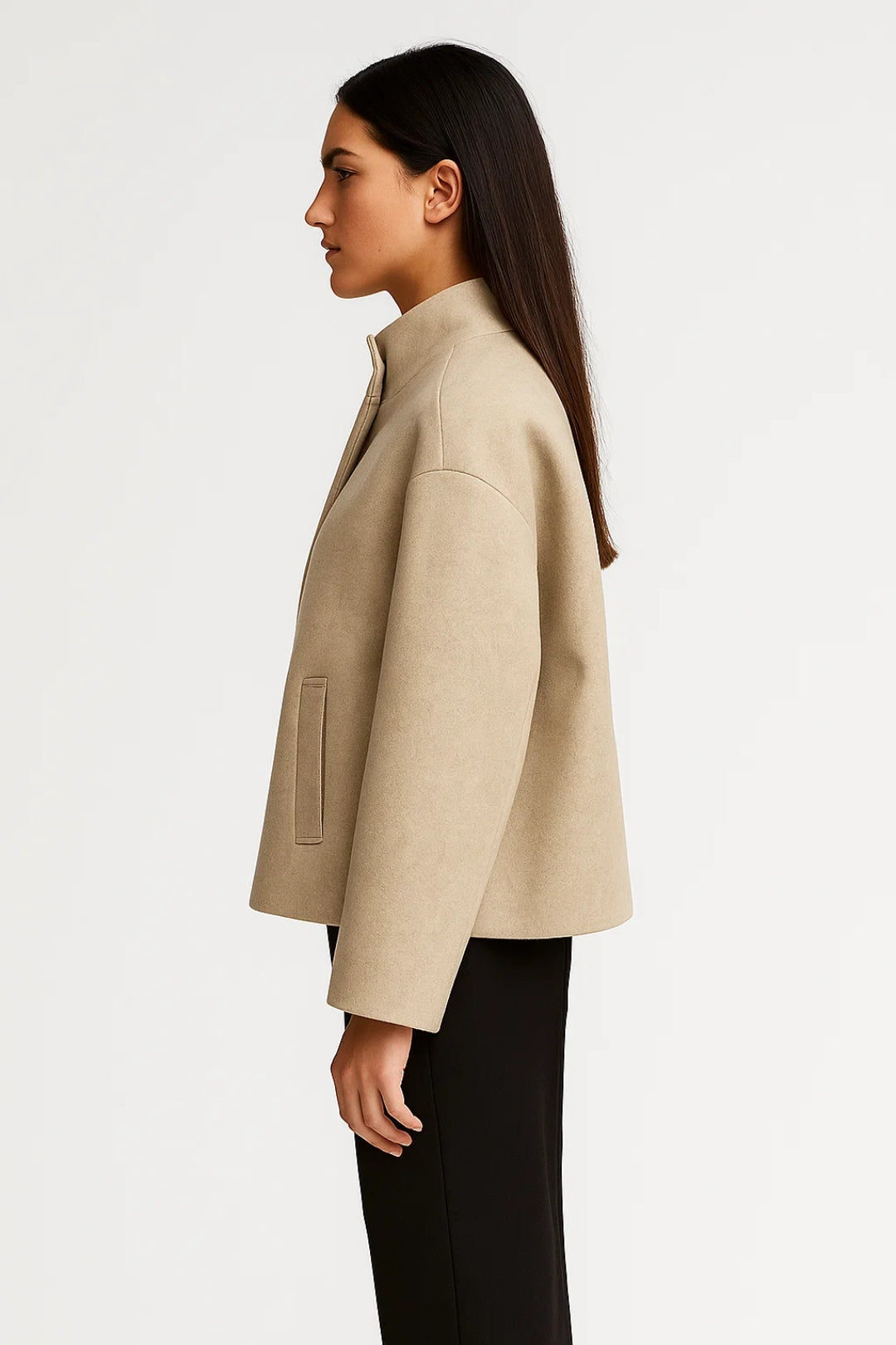 Veste Courte Femme | Laine Mélangée Col Haut | Beige Sable ou Gris Anthracite
