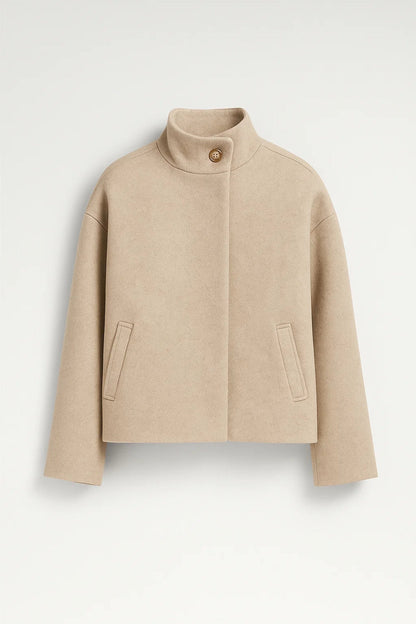 Veste Courte Femme | Laine Mélangée Col Haut | Beige Sable ou Gris Anthracite