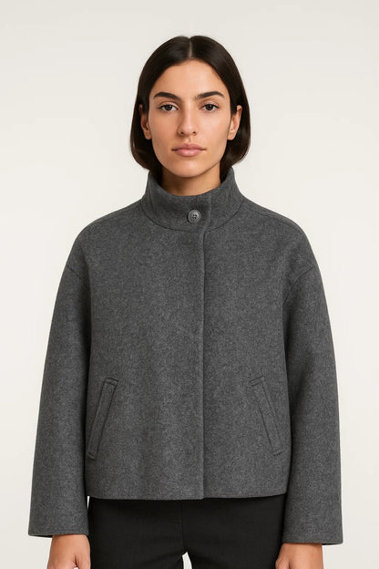 Veste Courte Femme | Laine Mélangée Col Haut | Beige Sable ou Gris Anthracite