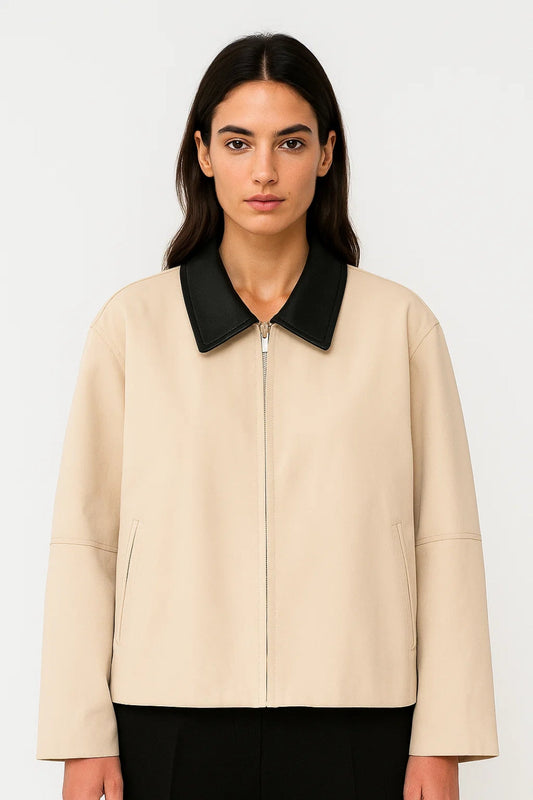 Veste Courte Femme | Minimalisme Élégant | Zip et Col Contrasté