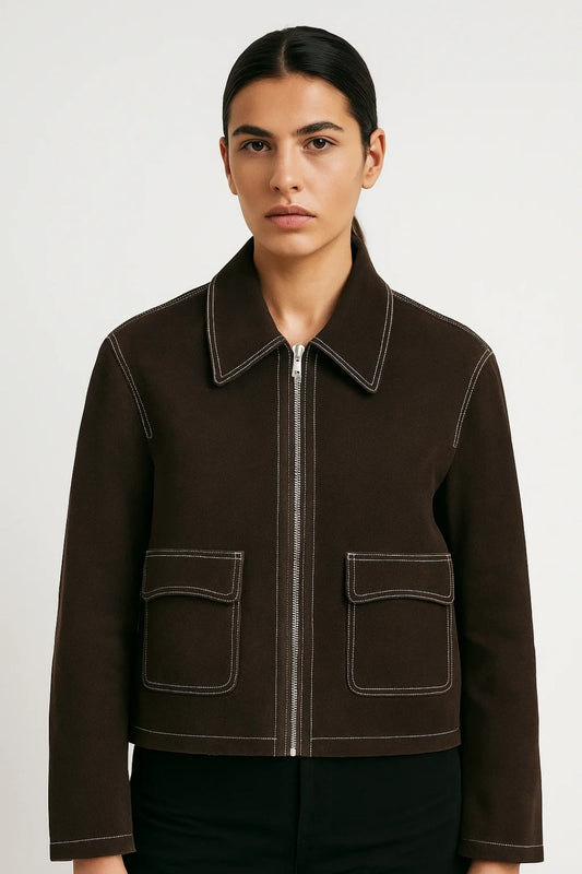 Veste Courte Femme | Zip Frontale & Poches Appliquées | Marron Foncé ou Cuir Clair