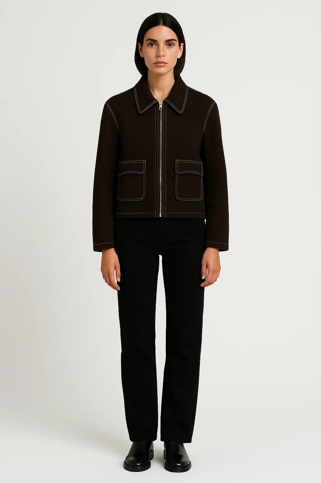 Veste Courte Femme | Zip Frontale & Poches Appliquées | Marron Foncé ou Cuir Clair