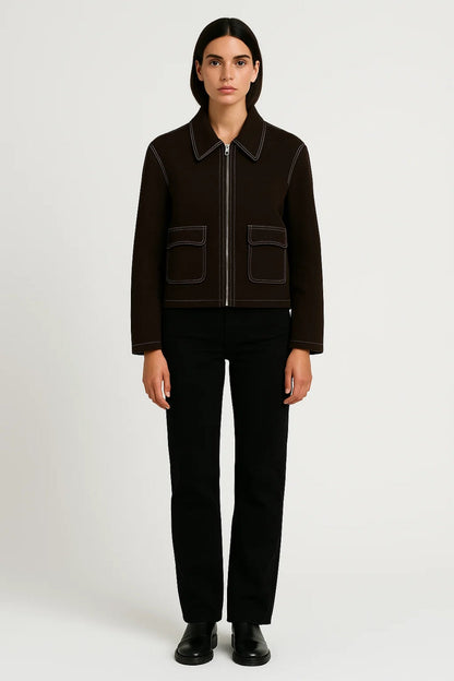 Veste Courte Femme | Zip Frontale & Poches Appliquées | Marron Foncé ou Cuir Clair