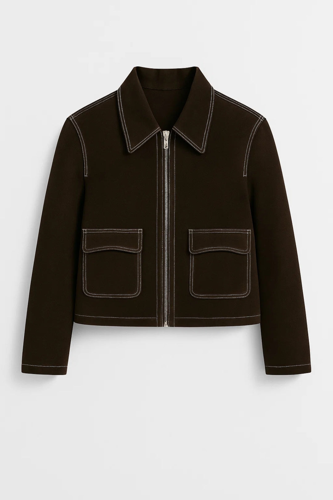 Veste Courte Femme | Zip Frontale & Poches Appliquées | Marron Foncé ou Cuir Clair