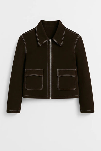 Veste Courte Femme | Zip Frontale & Poches Appliquées | Marron Foncé ou Cuir Clair