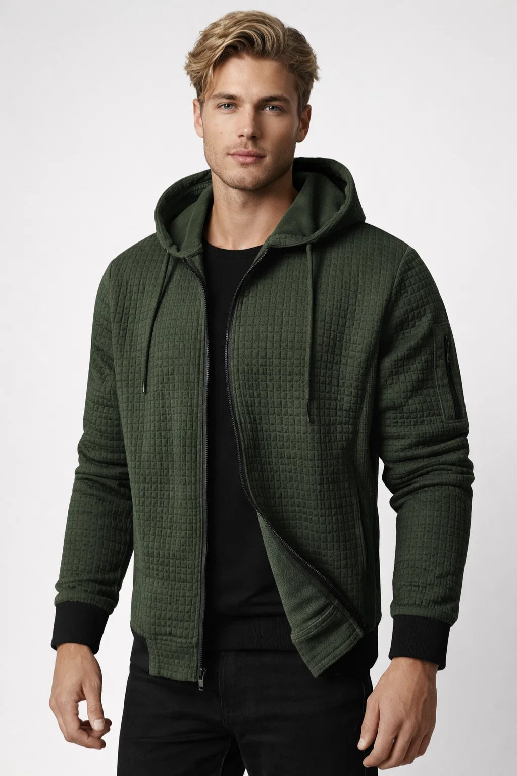 Sweat Homme - Hoodie Zippé Texture Matelassée Poche Manche | Casual