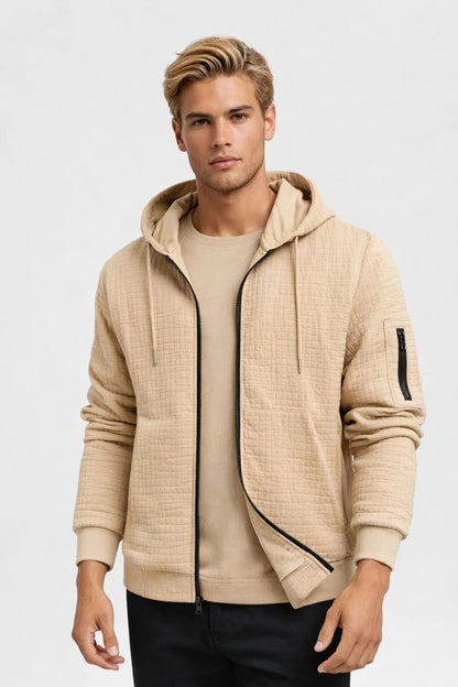Sweat Homme - Hoodie Zippé Texture Matelassée Poche Manche | Casual