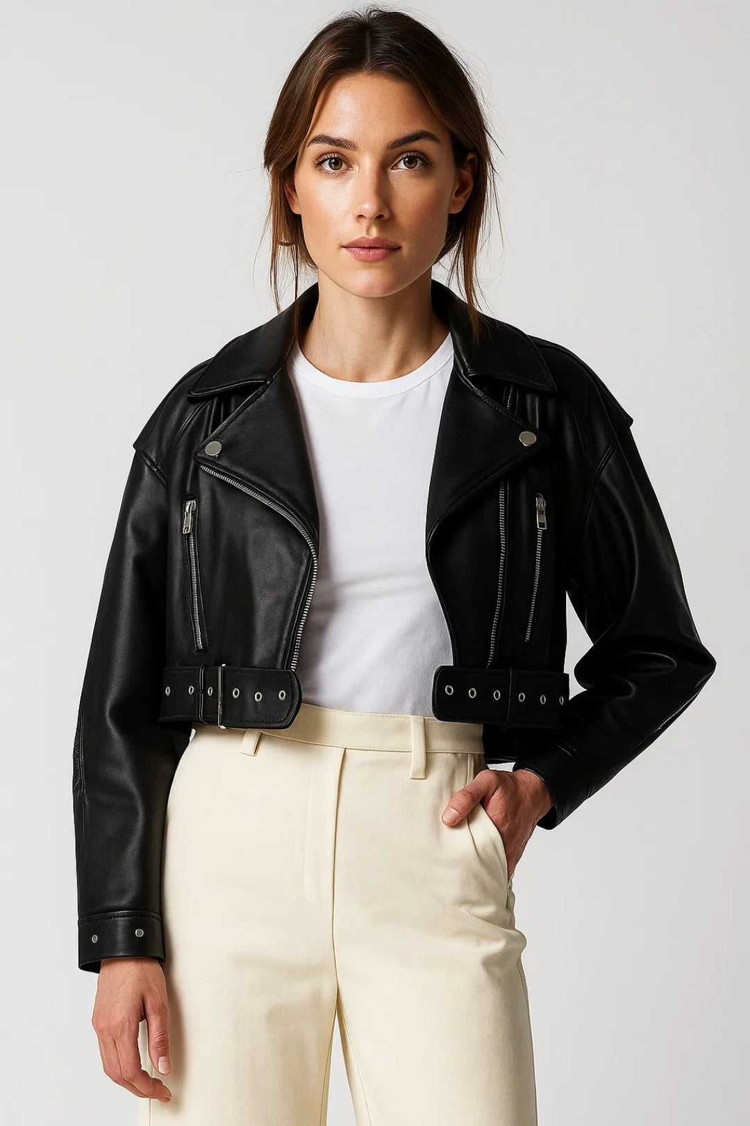 Veste courte style motard | Veste ceinturée femme | Élégante et audacieuse