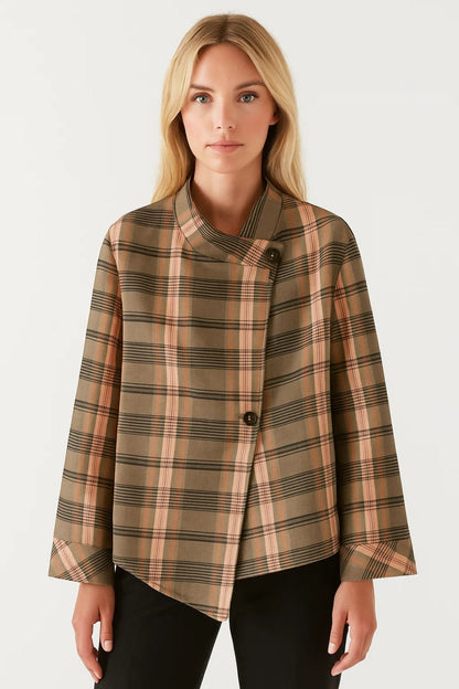 Veste courte à carreaux | Blouson croisé pour femme | Élégance graphique pour demi-saison