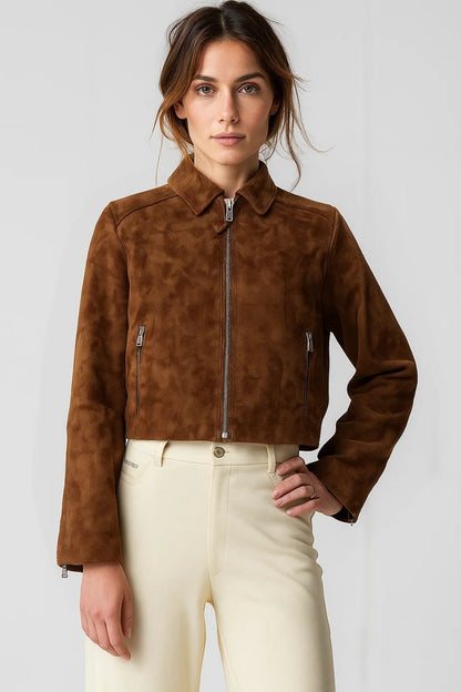 Veste courte en similicuir façon daim | Zip frontal | Style minimal