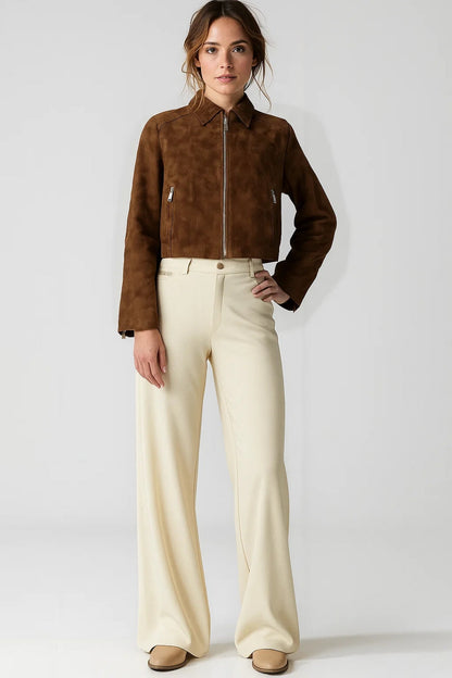 Veste courte en similicuir façon daim | Zip frontal | Style minimal