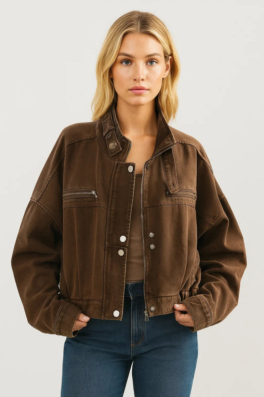 Veste en Jean Femme | oversize zippée | col montant structuré pour Mi-Saison