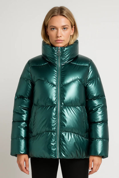 Veste matelassée Hiver | Manteau brillant à col montant | Chaud et tendance