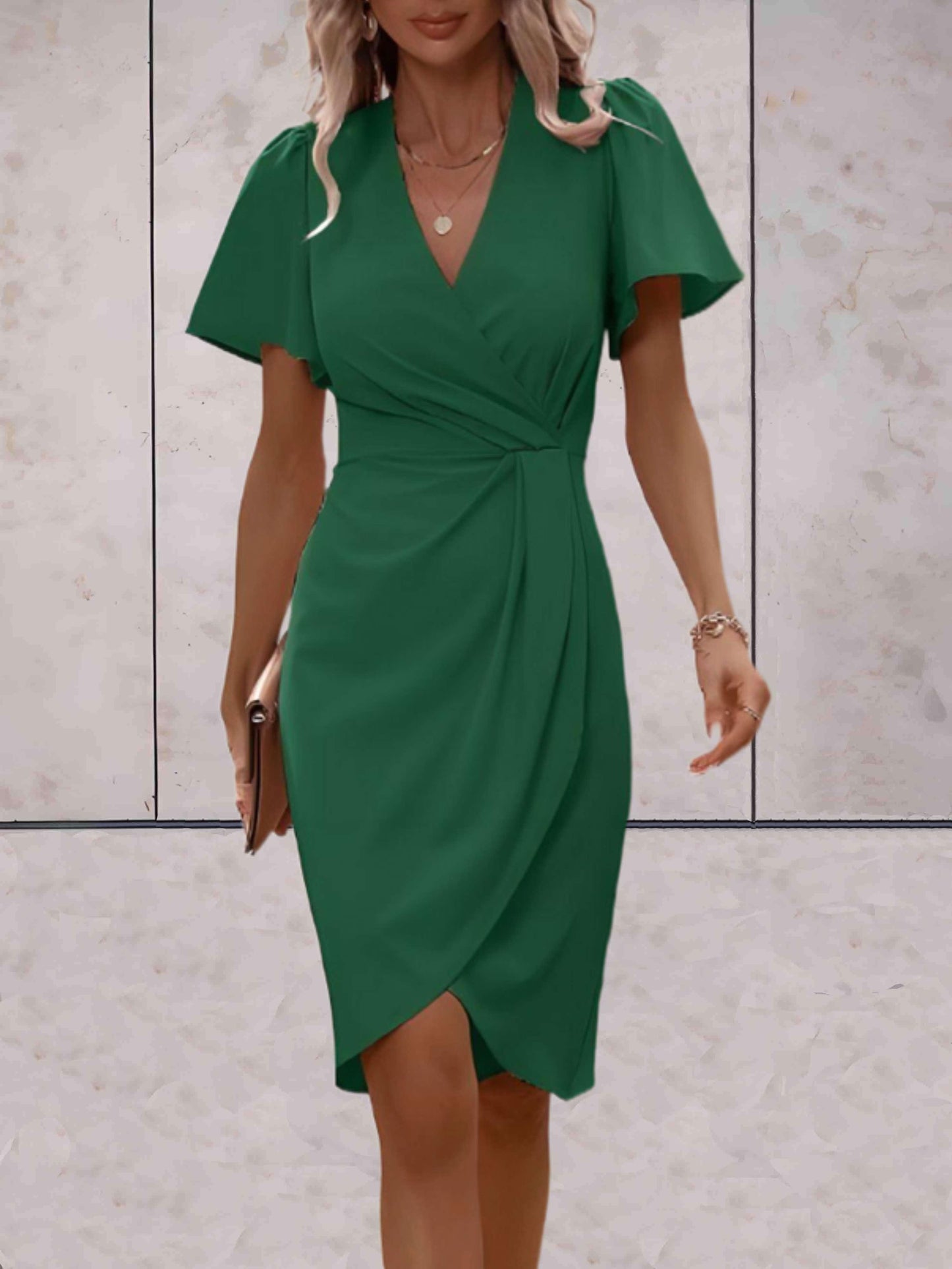 Victoire - Robe d'Été Chic Femme à Col V Croisé avec Drapé Torsadé et Manches Volantées