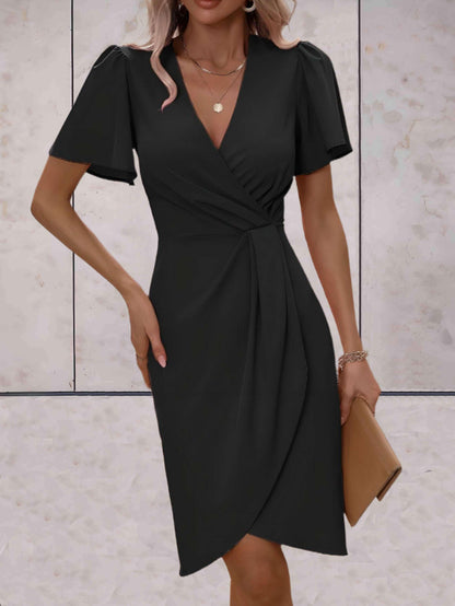 Victoire - Robe d'Été Chic Femme à Col V Croisé avec Drapé Torsadé et Manches Volantées