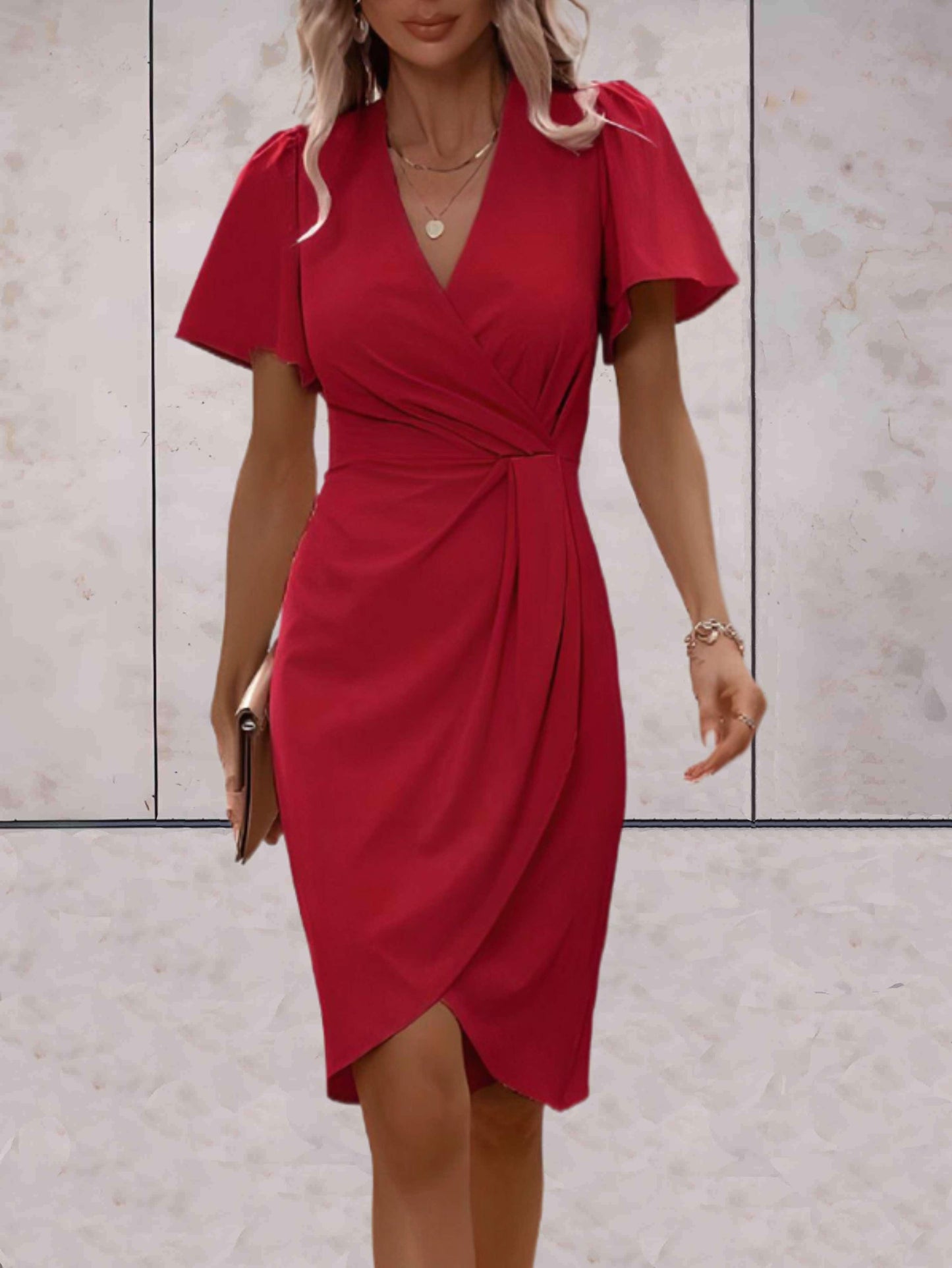 Victoire - Robe d'Été Chic Femme à Col V Croisé avec Drapé Torsadé et Manches Volantées