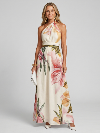Victoire - Robe Élégante Invitée Mariage Femme avec Col Halter et Imprimé Floral